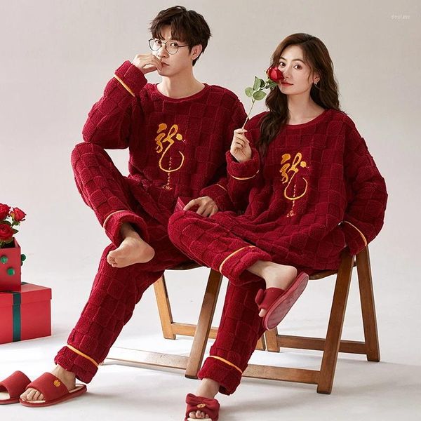 Vêtements de nuit pour femmes Couple pyjamas automne hiver épaissi velours corail hommes flanelle rouge mariage vêtements de détente Pijamas Para Parejas