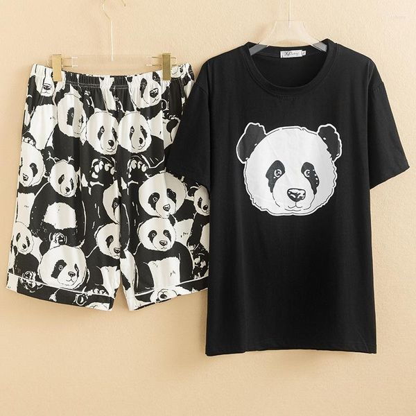 Ropa de dormir para mujer Pareja Panda Manga corta Pijamas de talla grande Mujer Verano Punto Algodón Lindo Dibujos animados Casual Suelto Conjunto de dos piezas Mujeres y