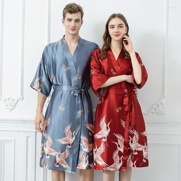 Vêtements de nuit pour femmes Couple Robes de mariée en soie Kimono Femmes d'été longue robe de chambre de mariée demoiselle d'honneur rouge chemise de nuit chemise de nuit maison