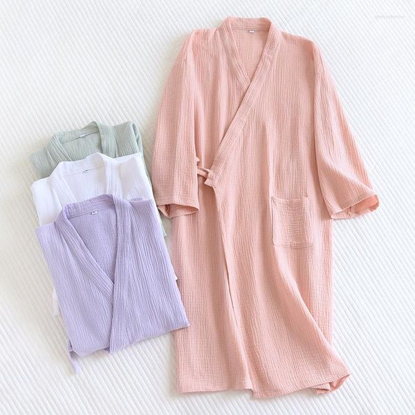 Vêtements de nuit pour femmes Couples Coton Crêpe Gaze Robes Pour Femmes À Manches Longues Col En V Chemise De Nuit De Style Japonais Kimono Robe De Nuit Demoiselle D'honneur