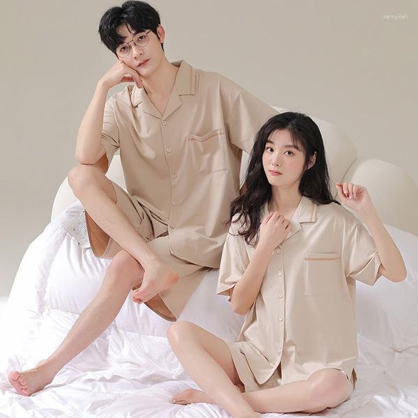 Ropa de dormir para mujeres Parejas Pijamas Set Algodón Manga corta Hombres Verano Ocio Mujeres 2023 Simple Color Sólido Suave Ropa para el hogar Pijama Traje