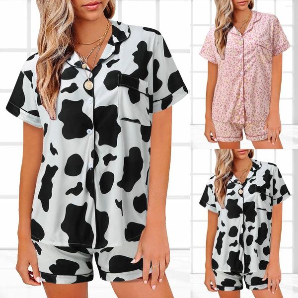 Vêtements de nuit pour femmes Vache Imprimer Casual Femmes Sexy À Manches Courtes Lingerie Pyjamas Ensembles De Nuit Dames Pijama Costume De Luxe Chemise Shorts Ensemble