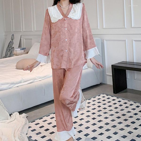 Vêtements de nuit pour femmes Pyjamas en soie glacée confortables en jacquard pour femmes, vêtements de maison à manches longues, ensemble de sommeil décontracté, pyjama à revers