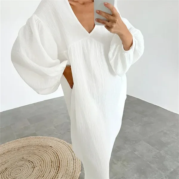 Ropa de sueño para mujeres vestidos de sueño de algodón de algodón completo V cuello bañera larga bañera suave