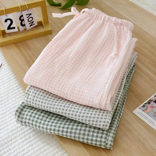 Ropa de dormir para mujer, pijamas japoneses de crepé a cuadros, gasa de algodón de doble capa, pantalones de casa finos y suaves para las cuatro estaciones, estilo suelto