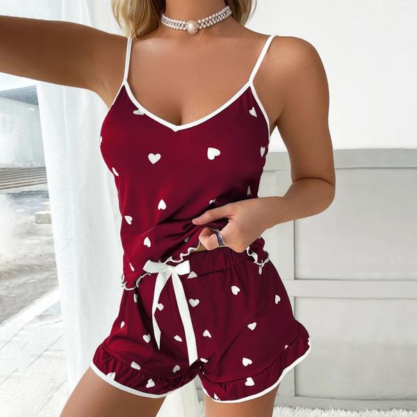 Vêtements de nuit pour femmes Ventes transfrontalières de mode Fraise Imprimé Bretelles en soie de lait Deux pièces Vêtements de maison Pyjamas doux Lingerie