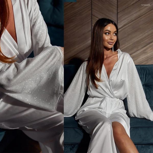 Ropa de dormir de las mujeres bata de seda blanca personalizada para la novia de la boda para ser batas de la mañana brillante llamarada de manga larga pijamas de las mujeres vestido de satén