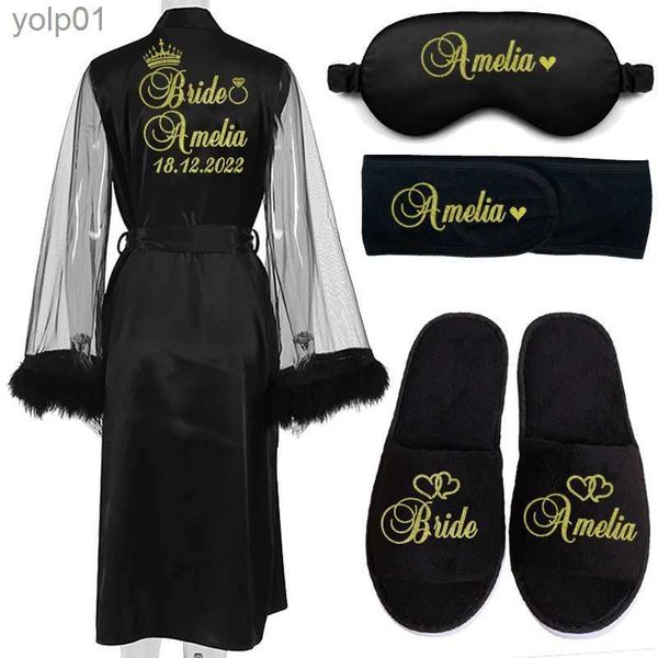 Vêtements de nuit pour femmes Personnaliser Nom Date Mariage Plume Mariée Robe Demoiselle D'honneur Peignoir De Nuit Longue Femme Élégante Robe Sexy Chemise De Nuit Pour PartyL231109