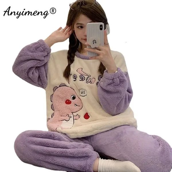 Vêtements de nuit pour femmes Mignon Lie Plat Canard Femmes Flanelle Pyjamas Hiver Thermique Vêtements De Nuit pour Lady Kawaii Partterns Femme Pijamas Mode Teddy Homsuits 231127