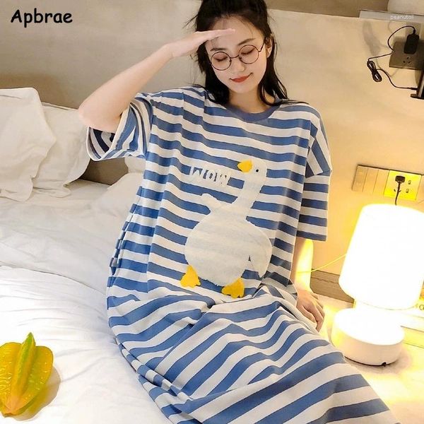 Ropa de dormir de las mujeres lindo camisón largo verano mujer leche seda kawaii camisón raya animal pijamas coreanos ins cuello redondo vestido de casa