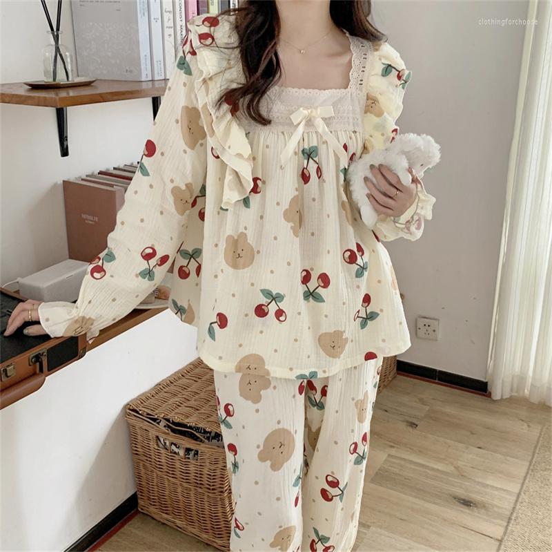 Women's Sleepwear Cute Nightgown Cherry Cartoon Bear Women Long Sleeve Pajamas Set Square Collar Cotton Gauze Ladies Homewear Sleepdress