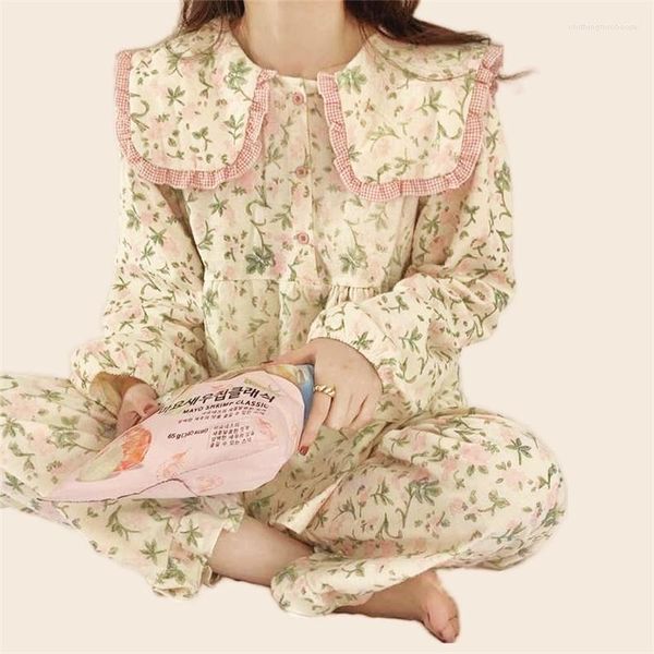 Ropa de dormir para mujer, conjunto de pijamas bonitos, pantalones largos de manga larga con flores a la moda, pijama rosa de princesa de algodón suave, ropa de casa acogedora