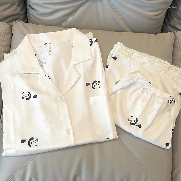 Ropa de dormir para mujer Lindo Panda Pijama Señora Verano Seda de hielo Pantalones cortos de manga corta Conjunto de dibujos animados Ropa casual para el hogar