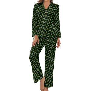 Vêtements de nuit pour femmes Pyjamas imprimés Shamrock mignons à manches longues St Patricks Day 2 pièces Ensembles de pyjama de loisirs Automne Femme Col en V Joli costume de maison