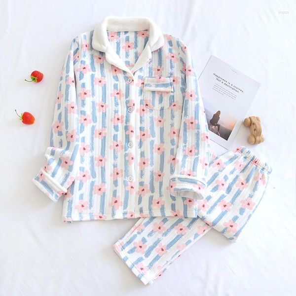 Ropa de dormir para mujer Cute Wome 2 uds pijamas de algodón conjuntos sueltos de gran tamaño pijama traje largo ropa de dormir Otoño Invierno Lencería ropa de casa