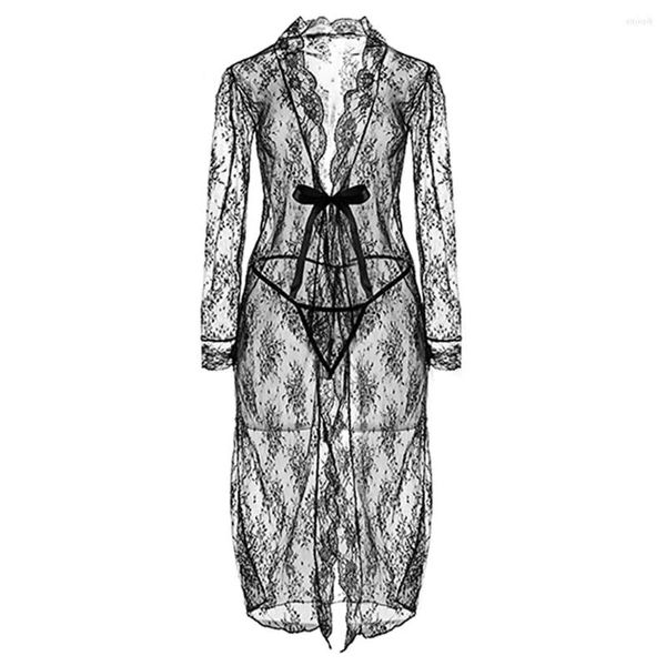 Vêtements de nuit pour femmes CYHWR Femmes Sexy Dentelle Perspective Respirant Chemise de Nuit Sous-Vêtements Noir Manteau Robe Avec String 2 Pièces