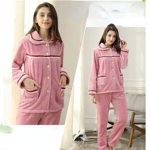 Vêtements de nuit pour femmes D139 Femmes épais hiver pyjamas ensemble princesse rose vert gris violet fille pleine manches chemise de nuit col rabattu pyjama