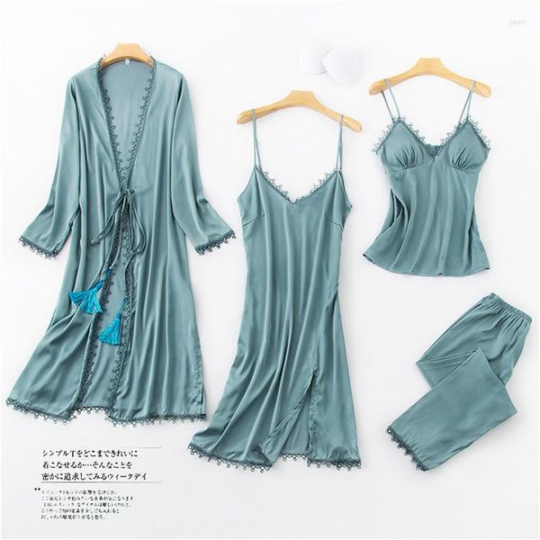 Ropa de dormir para mujeres Daeyard Silk Pajama Sets for Women Spring Pijamas Sexy Cami Long Robe 4 PCS elegante Pajamas Padres de cofre Ropa en el hogar