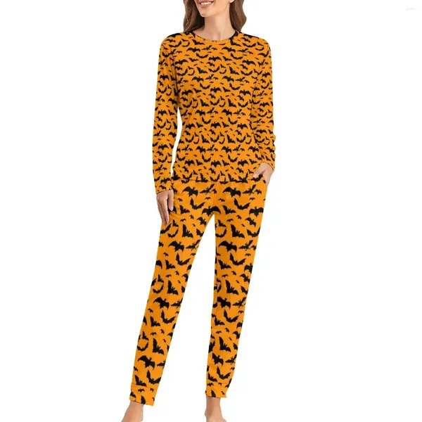 Vêtements de nuit pour femmes Pyjamas gothiques foncés Femmes Halloween Chauves-souris Imprimer Belle manches longues Deux pièces Ensemble de sommeil surdimensionné Costume de maison Cadeau