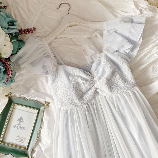 Ropa de dormir para mujer Delicado verano sin mangas de encaje blanco de algodón camisones de mujer vintage princesa femenina suelta larga sexy vestido de noche