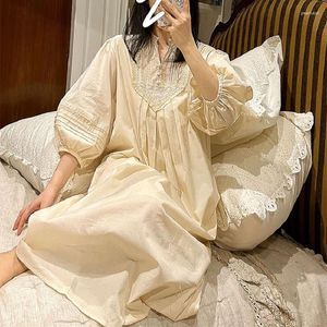 Dames nachtkleding delicaat vintage beige katoen lange nachthemden elegante driekwart losse nachtjapon lente herfst huisjurk