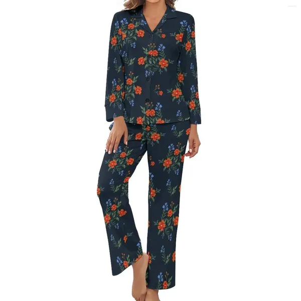 Ropa de dormir para mujer Ditsy Pijamas florales Otoño Dos piezas Flores rojas Estampado Retro Conjunto Femenino Manga larga Cuello en V Estética Ropa de dormir personalizada