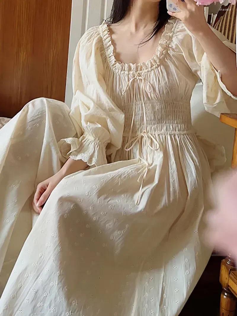 Kvinnors sömnkläder klänning tråkigt ruffles vårnatt u-hals nattklänning fairy prinsessan pyjamas broderi fransk bomull snörning vintage