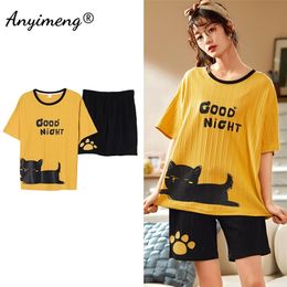 Vêtements de nuit pour femmes Drop Women Pyjamas Shorts d'été Pijamas en coton Yellove Cute Cats Printing Fashion Girl's Homewear Korean Pyjama Set 220913