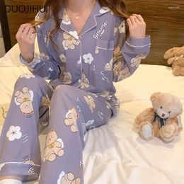 Ropa de dormir para mujer Duojihui otoño dos piezas elegante impresión simple mujeres pijamas conjunto botón cardigan moda básica pantalón casual femenino
