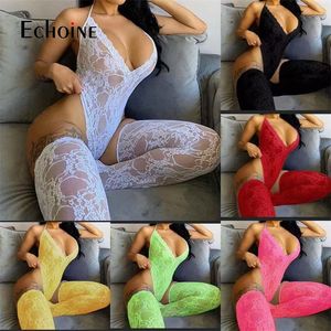 Ropa de dormir para mujer Echoine Mujeres Sexy adulto Onesies medias conjunto Ropa de dormir Encaje hueco sin mangas Cuello en V Bodycon Body pijama Mamelucos 220913