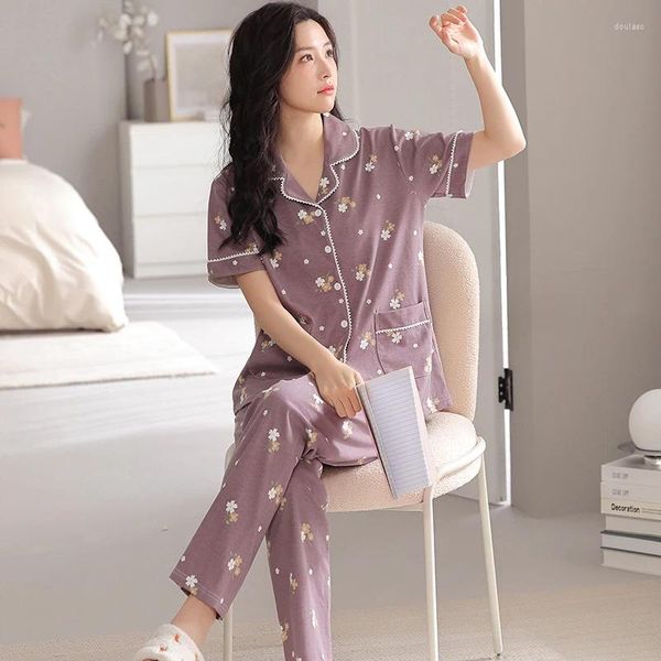 Ropa de dormir para mujer Conjunto de pijama de flores elegante Solapa de verano Impreso Pijamas dulces de algodón modal para damas Yardas grandes Cárdigan Chándal informal