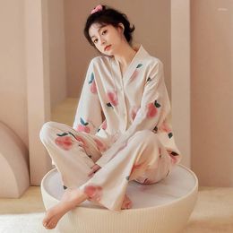 Ropa de dormir para mujer Elizabeth Duck Japonés Kimono Primavera Pijama Conjunto Imitación Algodón Manga larga Homewear Casual V-Cuello Solapa Lindo