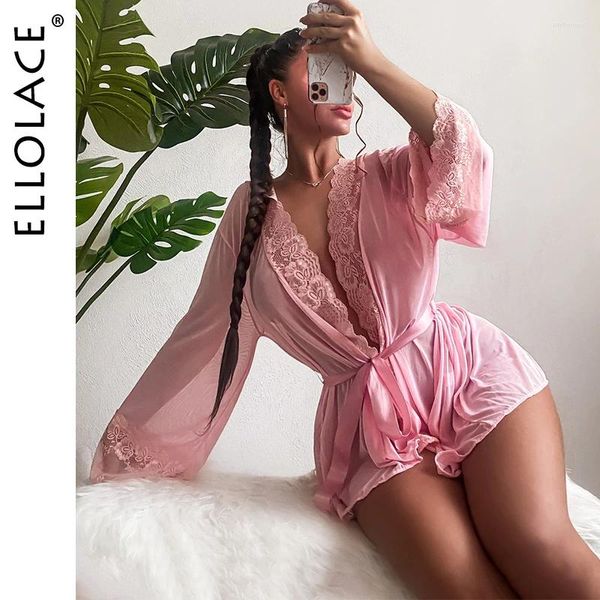 Vêtements de nuit pour femmes Ellolace Robe en dentelle sexy à manches longues rose clair vêtements de nuit demoiselles d'honneur cadeaux jusqu'à pyjama de nuit