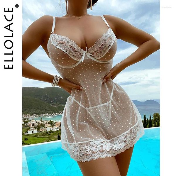 Vêtements de nuit pour femmes Ellolace Robe de nuit sexy Voir à travers la linge de nuit transparente en dentelle Deep-V pour le mariage