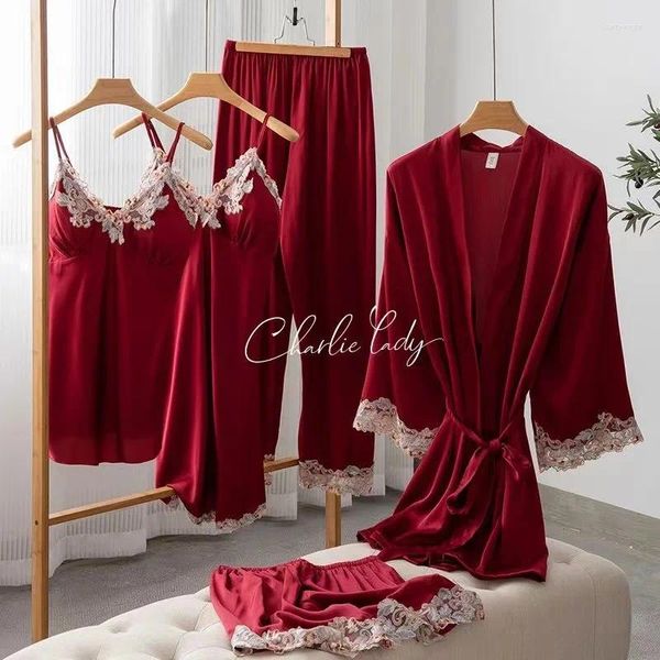 Vêtements de nuit pour femmes Robe de mariée en dentelle brodée 5pcs Bourgogne Femme Kimono Peignoir Robe Sexy Soie Satin Chemise de nuit Lâche Home Wear