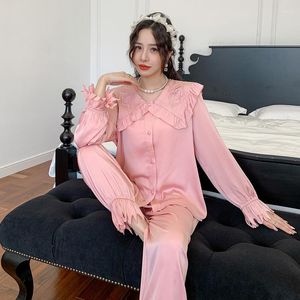 Ropa de dormir para mujer, conjunto de pijama de satén con cuello de princesa y volantes bordados, camisa de manga larga para mujer, pantalones, ropa de casa, lencería