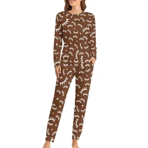 Dames slaapkleding wimpers afdrukken pyjama's wit en bruin tweedelig casual home suit vrouwelijke lange mouw mode oversized nachtkleding