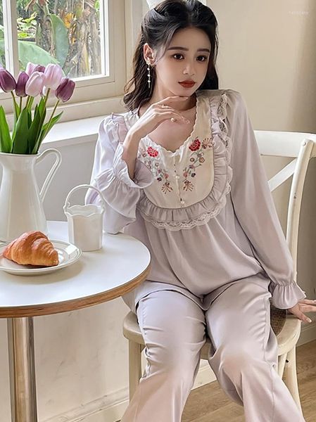 Pijama de seda francesa de hada para mujer, camisa con estampado de volantes de encaje, camisones de salón de dos piezas, dulce princesa victoriana