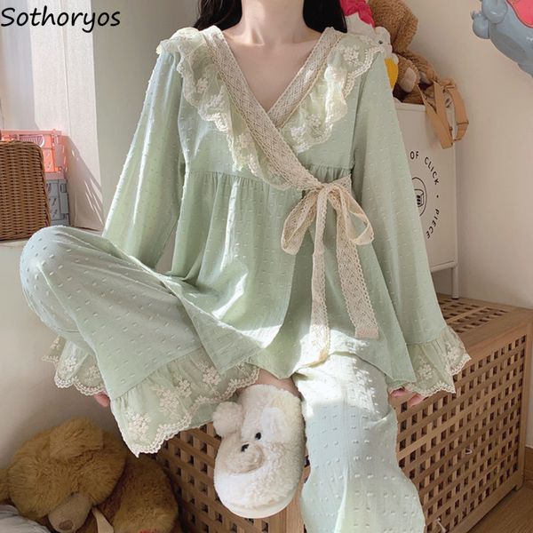 Vêtements de nuit pour femmes Fairy Vneck Lace Spring Pyjama Sets Women Sash Kimono Desig 220823