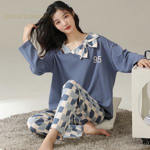 Dames slaapkleding nep 1 voor 2 voorjaarskammen katoen pyjama sets dames pyjama's plaid slaapkleding loungewear pijama mujer nachthoeken huiskleding mode 230418