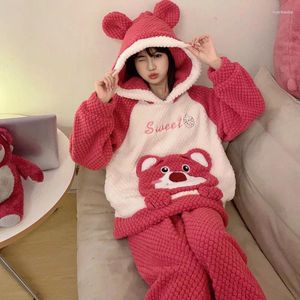 Vêtements de nuit pour femmes Famale hiver pyjamas corail peluche vêtements de nuit ensemble épaissi flanelle chemise de nuit femmes mignon dessin animé pull à capuche homewear