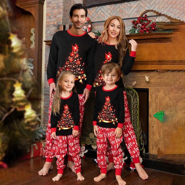 Ropa de dormir para mujer Conjuntos de pijamas a juego para la familia Conjuntos de pijamas negros de manga larga con estampado de árboles de Navidad Tops Pantalones con letras Otoño Ropa para dormir en casa