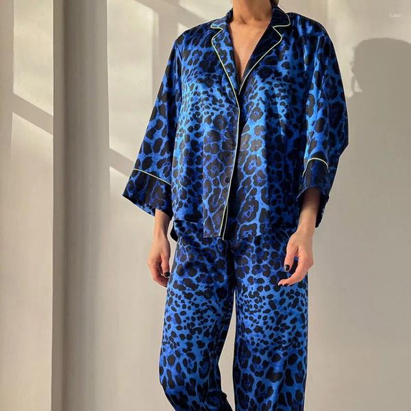 Ropa de dormir para Mujer, moda, estampado de leopardo azul, holgado, cómodo, suave, cárdigan, pantalones, ropa de hogar de dos piezas, Pijamas De Mujer, lencería