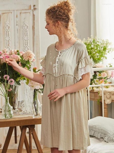 Ropa de dormir para mujer, camisones de algodón a la moda, verde claro, manga corta, vestido de noche suelto de princesa real para niñas