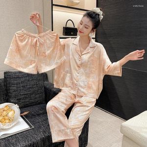 Vêtements de nuit pour femmes, ensemble pyjama à la mode, en soie glacée, costume trois pièces imprimé léger, luxe, ample, vêtements de loisirs pour la maison, été 2023