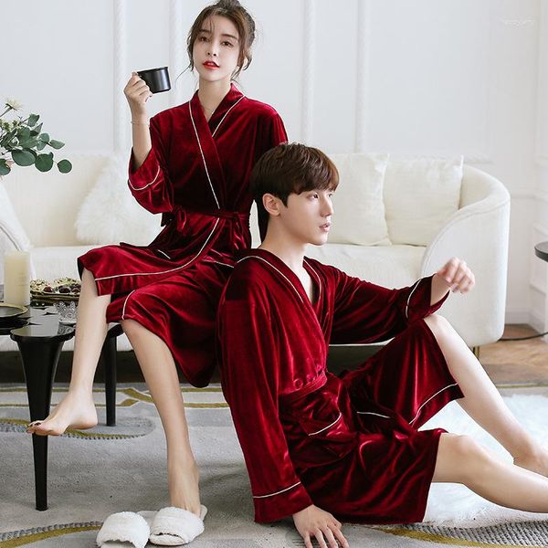 Ropa de dormir para mujer Vestido de novia de satén a la moda Bata larga Pareja coreana Mujeres Invierno Cálido Albornoces Kimono