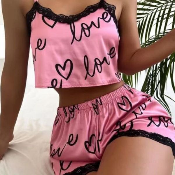 Pyjama à fleurs pour femmes, ensemble 2 pièces, sous-vêtements en soie, motif d'amour, camisole, haut et short, vêtements de nuit pour femmes