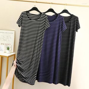 Vrouwen Nachtkleding Mode Streep Jurk Vrouwen Zomer Korte Mouw O Hals Lange Nachtjapon Vrouwelijke Plus Size Losse Casual Homewear Jurken