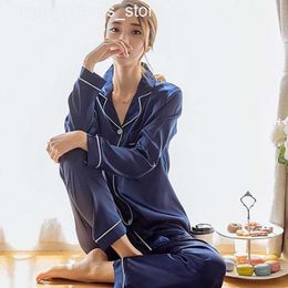 Conjuntos de dos piezas de manga larga a rayas de moda para mujer, conjunto de pijama de satén de seda suelto para primavera y otoño, ropa de dormir para mujer 202V23