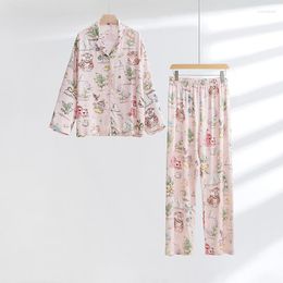 Ropa de dormir para mujer estilo de moda dibujos animados lindo Zoo estampado cárdigan manga larga Tops con pantalones pijama para mujer pijamas ropa de mujer